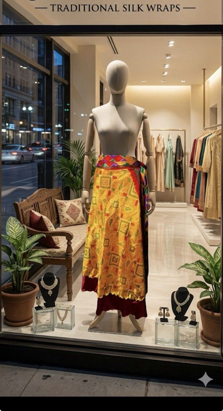 Darn Good Yarn Silk Blend Reversible Sari Magic Wrap Skirt SZ L Boho Mustard Red